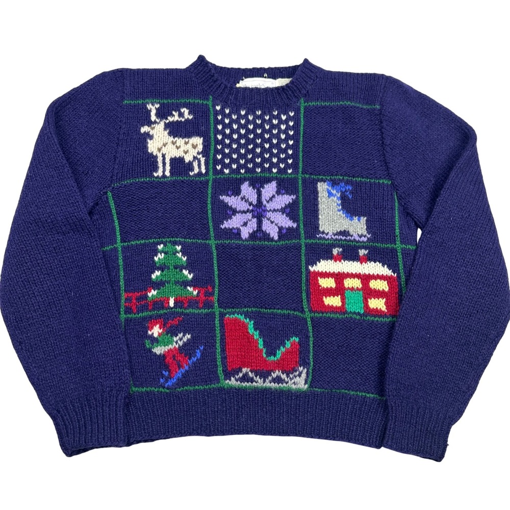 VTG Hand Knit Wool‎ Sweater Crew Neck Patchwork Winter Scene Navy M